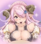  bare_shoulders black_gloves blue_eyes blush braid breasts chocolate chocolate_heart cleavage fingerless_gloves gloves granblue_fantasy hair_ornament hair_over_one_eye heart horns large_breasts lavender_hair long_hair looking_at_viewer mouth_hold narmaya_(granblue_fantasy) out_of_frame pointy_ears solo_focus thomasz 