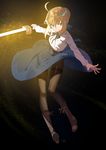  artoria_pendragon_(all) blonde_hair boots bow braid brown_footwear casual commentary cross-laced_footwear dark_background fate/stay_night fate_(series) glowing glowing_sword glowing_weapon green_eyes hair_bun hair_ribbon highres lace-up_boots long_skirt nanaya_(daaijianglin) pantyhose ribbon saber skirt solo sword weapon wind wind_lift 