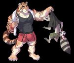  2017 anthro barefoot biceps black_background black_fur black_nose boxers_(clothing) bulge claws clothing duo eye_contact feline fur grey_fur larger_male male mammal muscular muscular_male open_mouth orange_fur pants pecs raccoon raised_arm rollingstoneeeeee shirt simple_background size_difference smaller_male smile standing stripes suspension tank_top teeth thief tiger toe_claws toes towel underwear white_fur wristband 