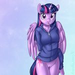  2016 anthro anthrofied bottomless brian_mcpherson clothed clothing cropped cutie_mark equine feathered_wings feathers female friendship_is_magic hair hi_res hoodie horn long_hair looking_at_viewer mammal multicolored_hair my_little_pony purple_eyes purple_feathers pussy solo twilight_sparkle_(mlp) winged_unicorn wings 
