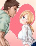  blonde_hair blue_eyes blush breasts brown_hair chocolate chris_redfield closed_mouth collared_shirt couple dark_skin dark_skinned_male dotted_line eye_contact eyelashes facial_hair food_in_mouth from_side furrowed_eyebrows gradient gradient_background hair_tie heart hetero jill_valentine large_breasts leaning_forward long_hair looking_at_another low_ponytail mouth_hold muscle nagare outline profile resident_evil resident_evil_5 shirt short_sleeves sleeves_rolled_up stubble sweat upper_body white_outline white_shirt 
