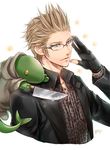  adjusting_eyewear animal_print brown_hair final_fantasy final_fantasy_xv formal glasses gloves green_eyes ignis_scientia kitchen_knife knife leopard_print male_focus nanatoiro sparkle suit tonberry 