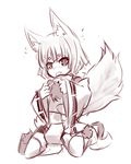  2016 ambiguous_gender animal_humanoid canine clothed clothing fluffy fluffy_tail fox fox_humanoid fully_clothed humanoid inner_ear_fluff japanese_clothing kneeling looking_at_viewer mammal monochrome open_mouth simple_background sketch slit_pupils solo sub-res white_background 