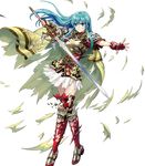  armor blue_eyes blue_hair boots breastplate broken_armor cape earrings eirika fingerless_gloves fire_emblem fire_emblem:_seima_no_kouseki fire_emblem_heroes full_body gloves highres holding holding_weapon jewelry long_hair looking_at_viewer mayachise official_art short_sleeves sidelocks skirt solo sword thigh_boots thighhighs torn_clothes transparent_background weapon zettai_ryouiki 
