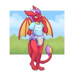  blue_eyes cute diaper dragon fur furred_dragon hair male membranous_wings purple_hair red_scales scales scalie solo wen wings young 