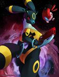  2017 anthro anthrofied black_nose clothing eeveelution fangs female gun holding_object holding_weapon looking_at_viewer looking_back nintendo pok&eacute;mon pok&eacute;morph ranged_weapon red_sclera solo space tight_clothing umbreon video_games weapon zwitterkitsune 