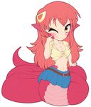  1girl belt blush breasts chibi cleavage fang front-tie_top hair_ornament hairclip highres lamia large_breasts long_hair looking_at_viewer midriff miia_(monster_musume) miniskirt monster_girl monster_musume_no_iru_nichijou navel one_eye_closed pleated_skirt pointy_ears red_hair scales shirt skirt slit_pupils smile solo staticwave tied_shirt very_long_hair yellow_eyes 