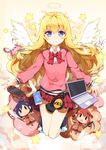  :&gt; :3 :o angel angel_wings animal_slippers bangs black_legwear blonde_hair blue_eyes blush bow bowtie bunny_slippers cardigan cellphone character_doll closed_mouth collared_shirt commentary_request computer dango_remi eyebrows_visible_through_hair full_body gabriel_dropout hair_rings halo handheld_game_console headphones highres holding holding_weapon hood hoodie kneehighs kurumizawa_satanichia_mcdowell laptop long_hair looking_at_viewer open_mouth phone playstation_vita pleated_skirt purple_hair red_bow red_hair red_neckwear red_ribbon red_skirt ribbon school_uniform scythe shirt skirt slippers smartphone smile solid_oval_eyes solo star stuffed_animal stuffed_bunny stuffed_toy tenma_gabriel_white tsukinose_vignette_april weapon white_shirt wing_collar wings 