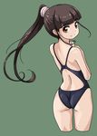  ass bad_id bad_pixiv_id bangs black_swimsuit blunt_bangs brown_eyes brown_hair competition_swimsuit cowboy_shot from_behind green_background long_hair looking_at_viewer looking_back one-piece_swimsuit original rohitsuka smile solo swimsuit 