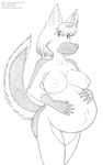  anthro areola belly breasts canine claws dog fur german_shepherd hair hands_on_belly leokitsune mammal monochrome navel nipples nude pregnant simple_background sketch smile solo 