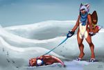  2017 absurd_res ambiguous_gender anthro antlers aven-fawn brown_fur cervine claws collar crotch_tuft dean.winchester duo eyes_closed feral footprints fur hair happy harness hi_res horn hybrid leash male mammal multicolored_hair mustelid nude otter pawpads pawprint paws peryton scarf snow snowball vin_cross wings 