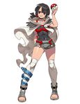  black_hair cloak full_body genzoman grin higana_(pokemon) holding holding_poke_ball looking_at_viewer open_toe_shoes over-kneehighs poke_ball poke_ball_(generic) pokemon pokemon_(game) pokemon_oras shoes short_ponytail short_shorts shorts smile solo thighhighs thighs white_legwear 