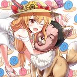  1girl ;d animal_ear_fluff animal_ears arm_up asian bangs bare_arms bare_shoulders bent_over black_eyes black_hair blush bow collarbone commentary_request cookie_(touhou) dog dog_ears dress enperuto_(yarumi) eyebrows_visible_through_hair fang flower food fruit fur_collar hat hat_bow hat_flower horn_bow horns hug human_head ibuki_suika long_hair looking_at_viewer manatsu_no_yo_no_inmu mole mole_under_eye one_eye_closed open_mouth orange_eyes orange_hair purple_bow realistic red_bow sandals smile snail standing straw_hat strawberry sunflower torn_clothes torn_hat touhou v what white_dress yajuu_senpai yellow_hat 