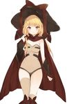 bangs black_hat blonde_hair blush boots breasts brown_eyes brown_legwear brown_leotard brown_ribbon cleavage cloak commentary detached_sleeves eyebrows_visible_through_hair hand_up hat leotard long_hair looking_at_viewer low_twintails lpip medium_breasts mismatched_legwear open_mouth original over-kneehighs ribbon simple_background smile solo thighhighs twintails white_background witch_hat 