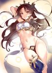  black_hair blush breasts crown earrings fate/grand_order fate_(series) hair_ribbon highres hoop_earrings ishtar_(fate/grand_order) jewelry long_hair looking_at_viewer navel red_eyes ribbon single_thighhigh small_breasts solo thighhighs twintails yuran 