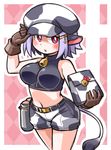  :o animal_ears animal_print bell bell_collar blush bottle breasts collar cow_ears cow_girl cow_print cow_tail crop_top gift gloves hat hat_tip highres holding holding_gift incoming_gift kugelschreiber large_breasts lavender_hair looking_at_viewer midriff milk_bottle original red_eyes short_shorts shorts sleeveless solo tail valentine zipper 
