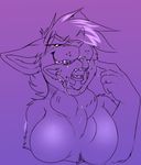  anthro beard big_breasts big_dom_small_sub breasts bulge canine cat cheetah chest_bulge codeine domination duo facial_hair fangs featureless_breasts feline female female_domination fur glitch(evir) headshot large_female male mammal neck_bulge oral_vore piercing purple_background saliva simple_background size_difference soft_vore swallowing vore 