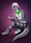  4_toes avoid_posting bandanna barefoot book clothed clothing crocodile crocodilian green_eyes heterochromia jagzcat pajamas paws reading reptile scalie sitting toes 