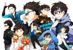  animal_ears animal_hood backpack bag bear_ears bear_paws black_hair blue-framed_eyewear bouquet brown_eyes character_doll character_name child dog_hood flower glasses hair_slicked_back hood hooded_jacket ice_skates jacket katsuki_yuuri makkachin male_focus multiple_persona open_mouth skates smile sparkle stuffed_animal stuffed_lion stuffed_toy track_jacket viktor_nikiforov yanzhan younger yuri!!!_on_ice 