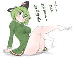  barefoot black_panties blush breasts dress eyebrows full_body ghost_tail green_dress hair_between_eyes hat head_tilt large_breasts long_sleeves looking_at_viewer panties short_hair sitting soga_no_tojiko solo takeu tate_eboshi thick_eyebrows touhou translated underwear 