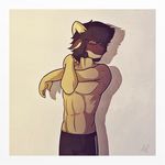  2017 abs anthro armpits barefoot bed bedroom black_hair bulge clothed clothing colored cute digital_drawing_(artwork) digital_media_(artwork) dragon drake_(disambiguation) front_view hair horn inside male muscular muscular_male pecs simple_background solo standing stretching sweat_pants tiberius tiberius_creations topless underwear 