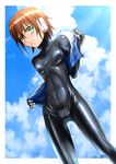  aile black_bodysuit bodysuit brown_hair cameltoe gloves green_eyes jacket latex latex_bodysuit removing_jacket rockman rockman_zx seotaku_(kyokkou) shiny short_hair skin_tight solo spandex water wet 