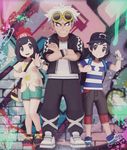  1girl 2boys 3d crossed_arms female_protagonist_(pokemon_sm) full_body graffiti guzma_(pokemon) highres looking_at_viewer male_protagonist_(pokemon_sm) multiple_boys paint_splatter pokemon pokemon_(game) pokemon_sm pose smile standing team_skull wall 