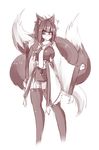  2016 animal_humanoid big_breasts big_tail blush breasts canine clothed clothing ear_piercing female fox fox_humanoid fully_clothed humanoid japanese_clothing legwear mammal monochrome multi_tail piercing simple_background sketch smile solo standing sub-res thigh_highs white_background 