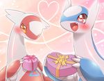  1boy 1girl artist_request brown_eyes furry heart_chocolate latias latios open_mouth pokemon red_eyes 