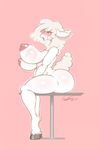  2017 anthro areola bantar2 big_breasts big_butt blush breasts butt caprine digital_media_(artwork) female fur hair huge_breasts mammal mature_female mother nipples nude open_mouth parent sheep simple_background solo thick_thighs white_fur 