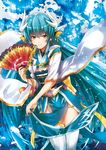  aqua_hair arms_at_sides bangs closed_mouth commentary_request dragon_girl dragon_horns eyebrows_visible_through_hair fan fate/grand_order fate_(series) folding_fan hair_between_eyes hair_ornament hand_up highres holding holding_fan horns japanese_clothes kiyohime_(fate/grand_order) long_hair looking_at_viewer obi pelvic_curtain pt sash smile solo thighhighs very_long_hair white_legwear yellow_eyes 