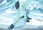  2017 animal_genitalia anus biovixy butt eeveelution female from_behind_position glaceon looking_at_viewer mammal nintendo pok&eacute;mon presenting presenting_hindquarters pussy sex smile snow solo video_games 