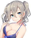  bikini blue_bikini blue_eyes breasts cleavage grey_hair haruno_suzune kantai_collection kashima_(kantai_collection) medium_breasts no_hat no_headwear short_hair simple_background smile solo swimsuit twintails upper_body wet white_background 