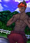  1boy abs blush grass kaki_(pokemon) male_focus multicolored_hair muscle nature outdoors pecs pokemon pokemon_(game) pokemon_sm sky solo sweat tofu_(coolboyz18) topless tree 