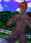  1boy abs blush erection grass kaki_(pokemon) male_focus multicolored_hair muscle nature nude outdoors pecs penis pokemon pokemon_(game) pokemon_sm sky solo sweat testicles tofu_(coolboyz18) tree 