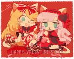  2girls artist_request blonde_hair cat furry green_eyes multiple_girls pink_hair ribbon valentine_day 