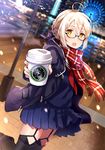  :o ahoge artoria_pendragon_(all) bangs black-framed_eyewear blonde_hair blue_ribbon blue_skirt blurry blush brand_name_imitation coat coffee_cup commentary_request cup depth_of_field disposable_cup duffel_coat dutch_angle fate/grand_order fate_(series) fringe_trim garter_straps glasses hair_between_eyes hair_ribbon looking_at_viewer mysterious_heroine_x_(alter) neckerchief open_clothes open_coat open_mouth outdoors pier plaid plaid_scarf pleated_skirt product_placement red_neckwear red_scarf ribbon scarf school_uniform semi-rimless_eyewear serafuku sidelocks skirt solo standing standing_on_one_leg starbucks tan_(tangent) thighhighs under-rim_eyewear valentine yellow_eyes 