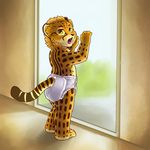  anthro astolpho cheetah cub diaper feet feline fur looking_at_viewer mammal open_mouth solo spots standing tongue window yellow_eyes yellow_fur young 