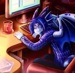  2017 anthro beverage blue_hair blue_scales chibity clothed clothing coffee computer desk detailed_background dragon hair horn keyboard male membranous_wings morning pants scales scalie scribble_dragon shirt sitting solo tired wings 