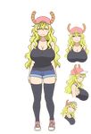  1girl ^_^ arms_behind_back bangs bare_shoulders black_legwear blonde_hair blue_shorts blush breasts cleavage closed_mouth collarbone cowboy_shot curvy dragon dragon_girl eyebrows_visible_through_hair eyes_closed hat highres horns kobayashi-san_chi_no_maidragon large_breasts long_hair lucoa monster_girl official_art quetzalcoatl_(maidragon) red_hat shoes shorts simple_background skindentation smile sneakers solo tank_top thighhighs very_long_hair wavy_hair white_background zettai_ryouiki 