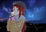  :o bad_id bad_pixiv_id beret blush breath brown_eyes can coat cold drink half_updo hat long_hair love_live! love_live!_sunshine!! night outdoors red_hair sakurauchi_riko scarf signature sky soda_can solo star_(sky) starry_sky upper_body yomotsuka_tsukasa 