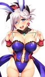  animal_ears asymmetrical_hair black_legwear blue_eyes blue_leotard blush breasts bunny_ears bunnysuit choker earrings fate/grand_order fate_(series) hair_ornament horosuke_(toot08) jewelry large_breasts leotard magatama miyamoto_musashi_(fate/grand_order) navel open_mouth pink_hair ponytail simple_background solo thigh_gap thighhighs thighs white_background wide_hips 