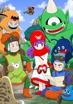  1girl 2boys bangs bat brown_hair character_request clenched_teeth cloud creature cyclops dragon_quest fangs furatto giggles gloves goggles goggles_on_head green_eyes horn indian_style monster multiple_boys orange_hair outdoors purple_eyes purple_hair shield sitting sky slime slime_(dragon_quest) staff standing sweatdrop 