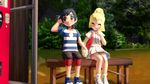  1boy 1girl 3d absurdres bench blush couple day eyes_closed hand_behind_head hand_holding happy highres lillie_(pokemon) looking_away male_protagonist_(pokemon_sm) outside pokemon pokemon_(game) pokemon_sm sitting smile 