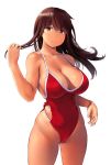  1girl akagi_(kantai_collection) bangs bare_shoulders blush breasts brown_eyes brown_hair cleavage closed_mouth collarbone highleg highleg_swimsuit highres hips holding holding_hair kantai_collection large_breasts long_hair looking_at_viewer one-piece_swimsuit red_swimsuit revision simple_background smile solo standing straight_hair swimsuit tan thighs wa_(genryusui) white_background 