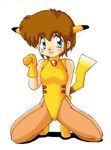  1girl 3: animal_costume animal_ears artist_request bangs blue_eyes blush brown_hair closed_mouth cosplay full_body gloves kneeling looking_at_viewer pikachu pikachu_ears pikachu_tail short_hair simple_background smile solo source_request white_background 