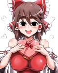  :d bangs bare_shoulders black_eyes blush bow breasts brown_hair chocolate chocolate_heart commentary_request cookie_(touhou) covered_nipples detached_sleeves enperuto_(yarumi) eyebrows eyebrows_visible_through_hair gift hair_between_eyes hair_bow hair_tubes hakurei_reimu heart highres holding holding_gift impossible_clothes large_breasts open_mouth red_bow ribbon-trimmed_sleeves ribbon_trim sidelocks simple_background sleeves_rolled_up smile solo thick_eyebrows touhou upper_body white_background wide_sleeves 