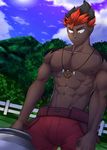  1boy abs grass kaki_(pokemon) male_focus multicolored_hair muscle nature outdoors pecs pokemon pokemon_(game) pokemon_sm sky solo tofu_(coolboyz18) topless tree 