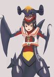  :d bangs black_hair black_sclera brown_eyes cosplay costume crop_top crossover dorsal_fin garchomp garchomp_(cosplay) gen_4_pokemon hair_between_eyes headphones highres i-14_(kantai_collection) kantai_collection look-alike looking_at_viewer open_mouth pokemon pokemon_(game) pokemon_dppt school_uniform serafuku shirt short_hair silver_background simple_background sleeveless sleeveless_shirt smile solo spikes standing tongue tsukasa_(tukasa_nn) white_shirt yellow_eyes 