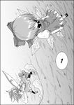  aiming blood blood_on_face bow cirno comic countdown daiyousei dress dress_shirt fairy_wings foreshortening from_above full_body greyscale gun hair_bow highres holding holding_gun holding_weapon ice ice_wings long_hair monochrome multiple_girls niiko_(gonnzou) shirt sidelocks sideways touhou translation_request walking weapon wings 